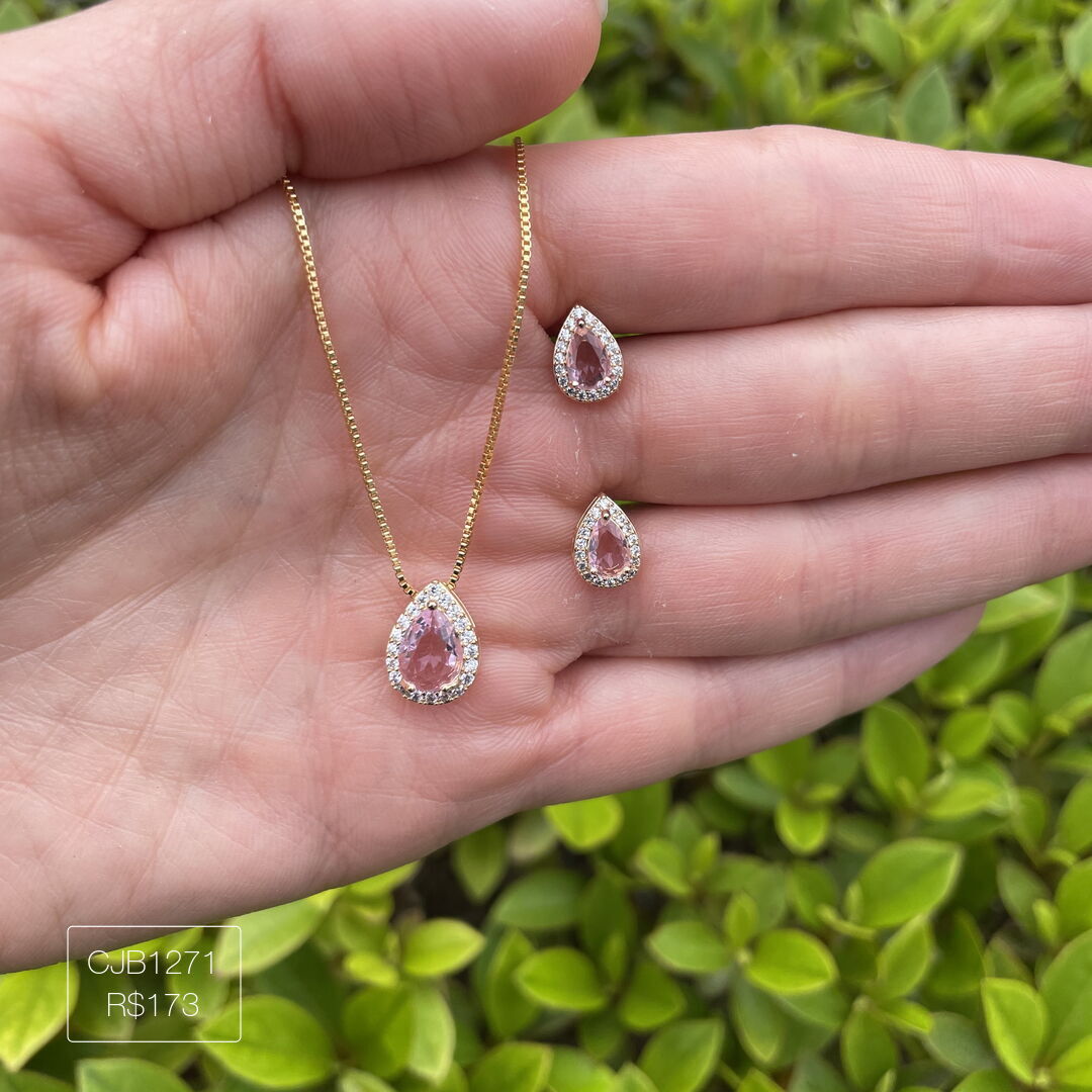 Conjunto De Gota Rosa Cravejada Cristal Dourado